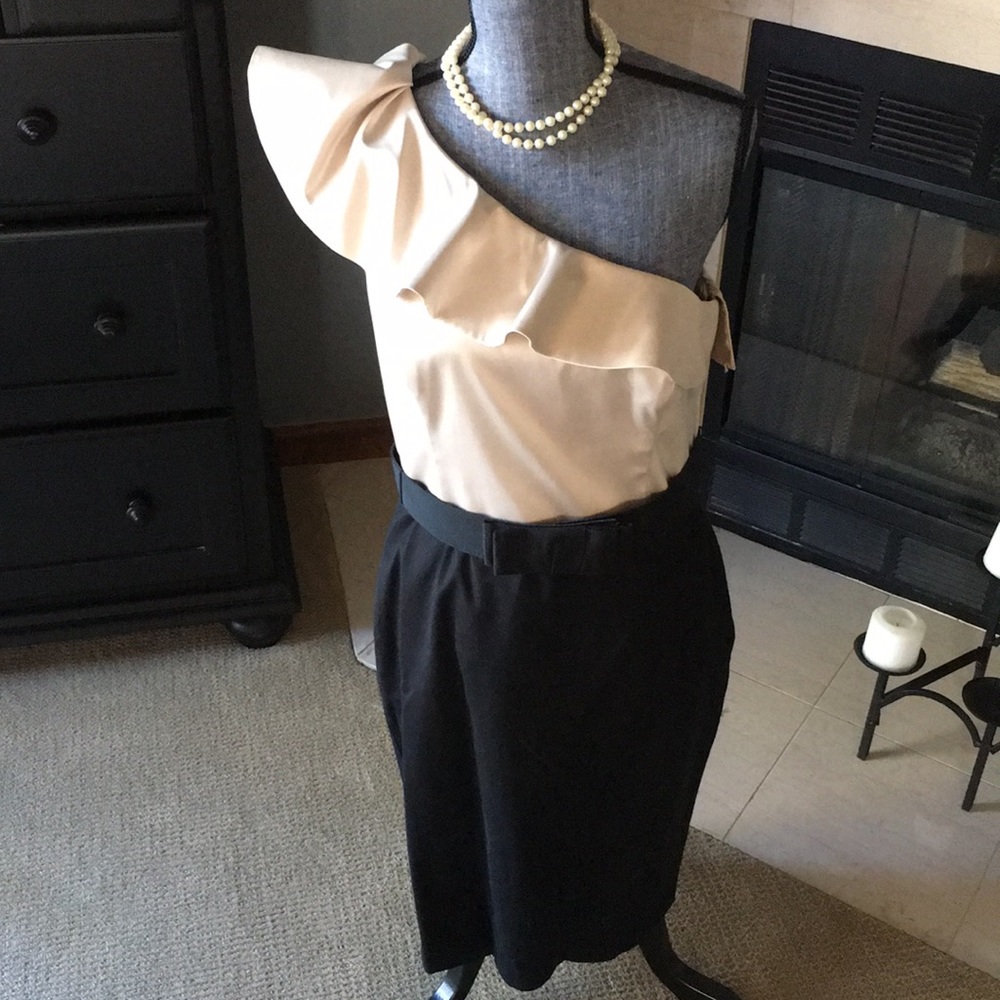 One shoulder-Cream and black cocktail dress.